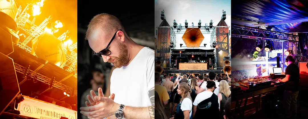 Bildcollage aus Mainstage mit Flammen und DJs auf Burning Beach 2019.