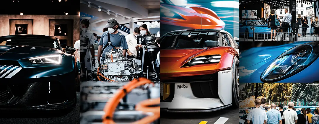 Bildcollage des Cupra, Mercedes-Benz und Porsche-Stands auf der IAA 2021.