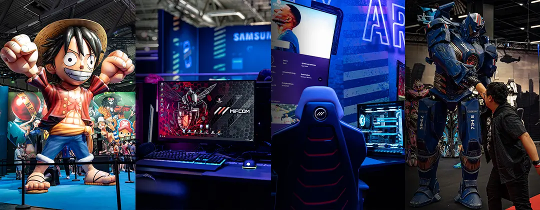 Bildcollage aus einer riesigen Monkey D. Luffy Figur, einem Gaming-Monitor mit MIFCOM-Wallpaper, einem MIFCOM-Gamingstuhl auf dem Samsung-Stand und Besucher und Cosplays zur Gamescom 2022.
