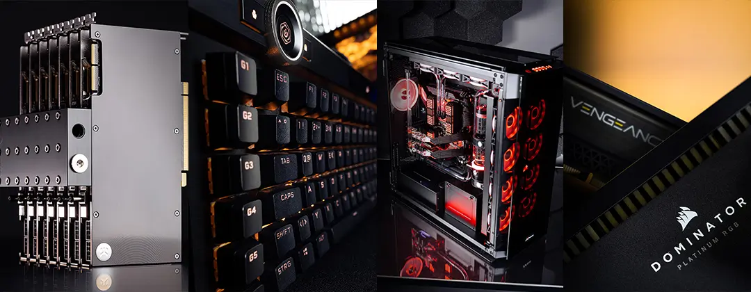 Bildcollage aus GPU-Block, Tastatur-Close-Up, High End Workstation System und Corsair-Arbeitsspeicher.