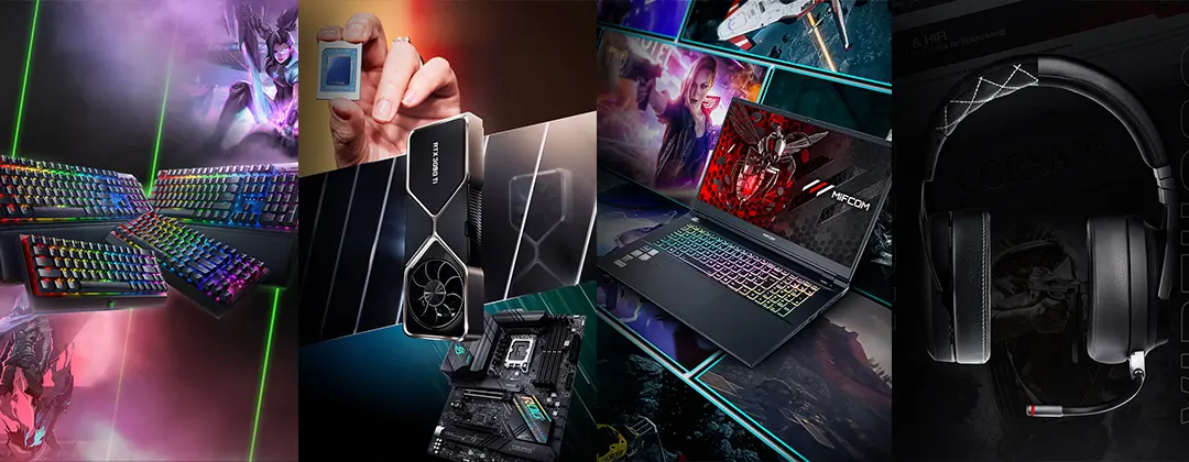 Bildcollage aus Bildmontagen zu Razer-Tastaturen, Produktvorstellungen, MIFCOM-Gaminglaptops und Corsair Headsets.