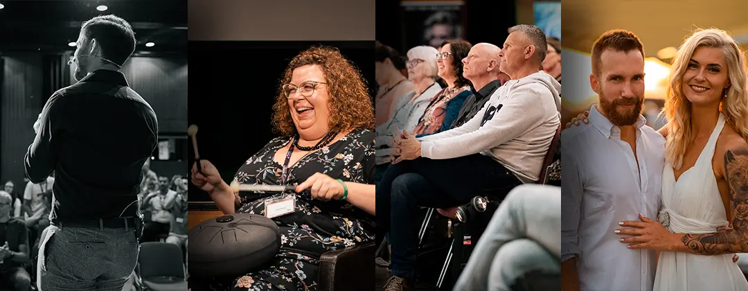 Bildcollage des NLP-Seminars von Alexander Hartmann 2021 mit ihm, Vanessa Buchner, Christian Goebel und den Teilnehmern.