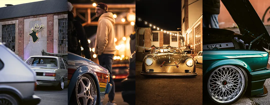 Bildcollage aus LED-Hirsch-Reklame, Besuchern und Fahrzeugen des Tief im Wald Car Meetups 2020.