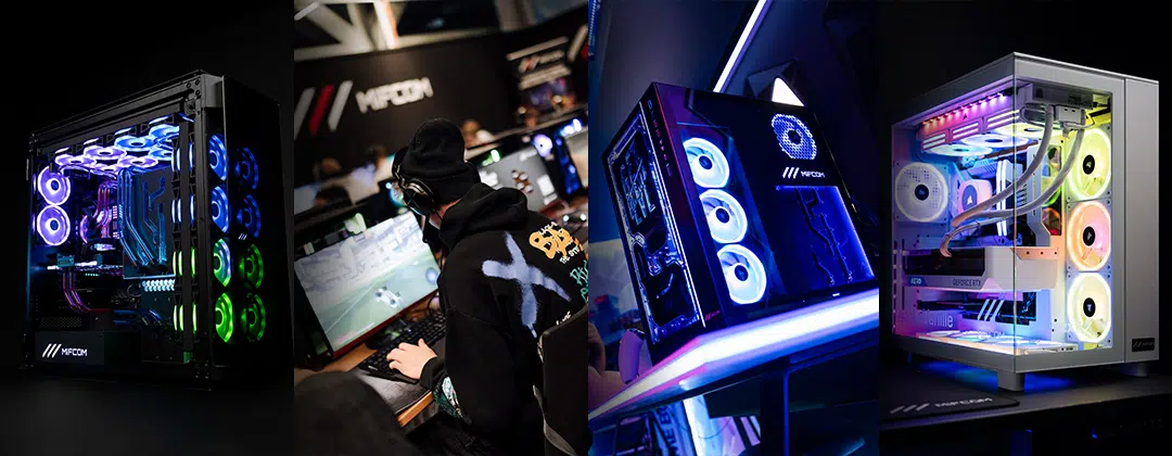 Bild-Collage aus einem High End PC mit 3 individuellen Wasserkreisläufen, einem Gamer auf dem HeroFest, dem GetOnMyLVL MIFCOM-PC im Gamingkeller von MontanaBlack88 sowie dem MIFCOM-Gaming-PC von JoLaVanille.