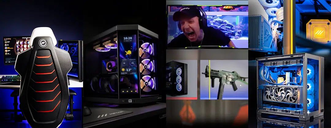 Bild-Collage aus einem Gamingsetup, dem HYTE Y70, MontanaBlack88 und einem Gaming-PC-Bild.