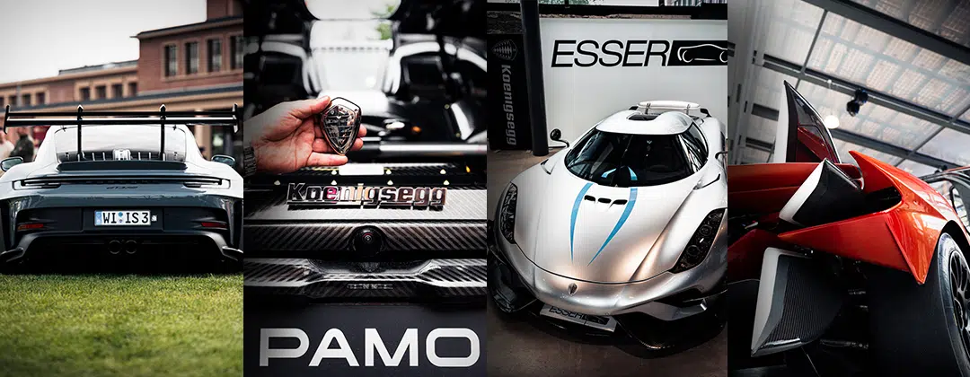 MYLE-Mobility-Festival Bildmontage aus einem Porsche GT3RS, Koenigsegg Autoschlüssel, Konigsegg Regera und Apollo Project Evo.
