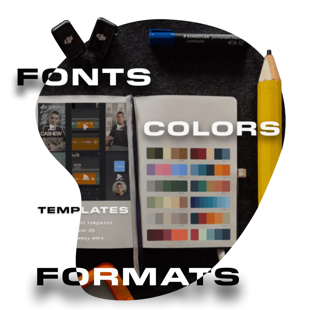 Content Compass V3 compressed Die Texte "Formats", "Fonts", "Colors" und "Templates" schwebend vor einem Notizbuch, Stiften und DJI Mics.