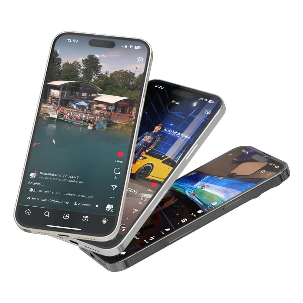 iPhone-14-Pro 3 iPhone 14 Pros mit Ausschnitten aus drei unterschiedlichen Videos.